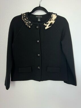 J. Crew Collection Vintage Style Knit Jacket with Leopard-Print Calf Hair Collar